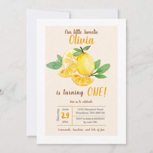Onze kleine schatje Lemon 1e verjaardag Uitnodigin Kaart (Voorkant)