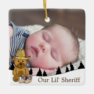 Onze kleine sheriff Teddy Bear Baby Foto Kerstmis Keramisch Ornament