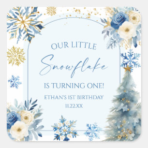 Onze kleine sneeuwvlok blauwe winter verjaardagsfe vierkante sticker