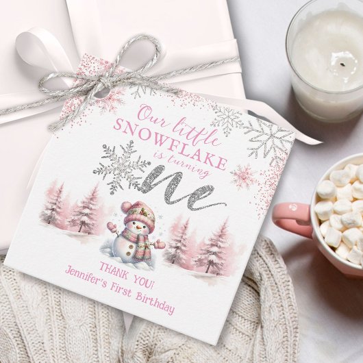 Onze Kleine Sneeuwvlok Meisje Roze Zilver 1e Verja Bedankjes Labels