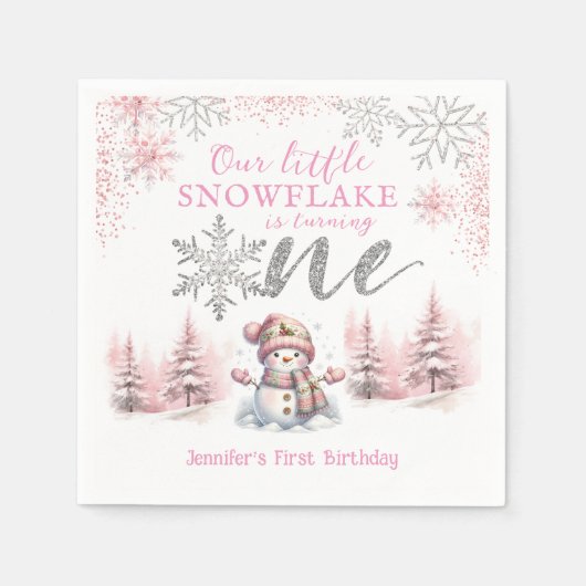 Onze Kleine Sneeuwvlok Meisje Roze Zilver 1e Verja Servet (Voorkant)