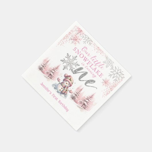 Onze Kleine Sneeuwvlok Meisje Roze Zilver 1e Verja Servet (Hoek)