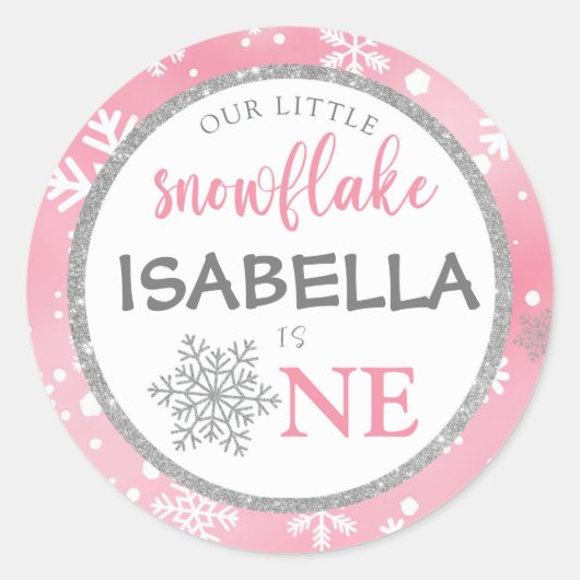 ONZE KLEINE SNEEUWVLOK ROZE 1E VERJAARDAG RONDE STICKER (Voorkant)