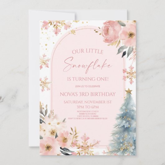 Onze kleine sneeuwvlok roze winter verjaardagsfees kaart (Voorkant)