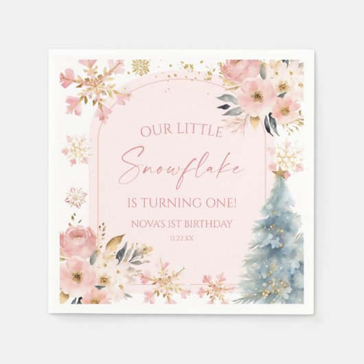 Onze kleine sneeuwvlok roze winter verjaardagsfees servet (Voorkant)