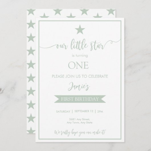 Onze kleine Star Birthday Flat Invitation Sage Kaart (Voorkant / Achterkant)