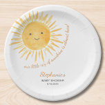 Onze kleine straal van zonneschijn Baby shower Papieren Bordje<br><div class="desc">Plant u een baby shower met een zonthema? Dit schattige baby showers papieren bord zegt "Our Little Ray Of Sunshine Is Almost Here" in stijlvolle scripttypografie met een lachende gele waterverf zon. Gemakkelijk aan te passen. Er zijn bijpassende papieren servetten en bekers in mijn winkel. Omdat we ons kunstwerk creëer,...</div>