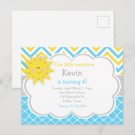 Onze kleine Sunshine Blue en Yellow Birthday Party Briefkaart (Voorkant / Achterkant)