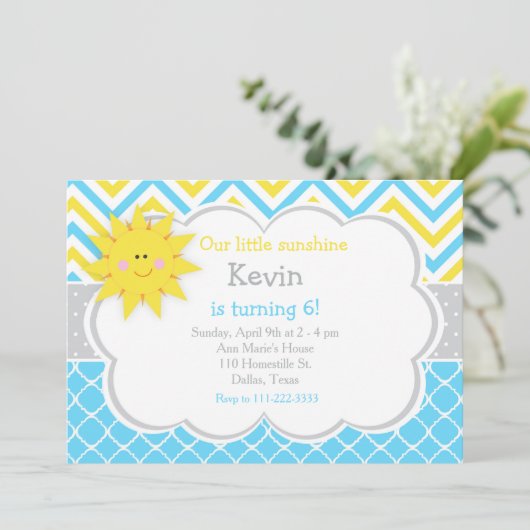 Onze kleine Sunshine Blue en Yellow Birthday Party Kaart (Staand voorkant)