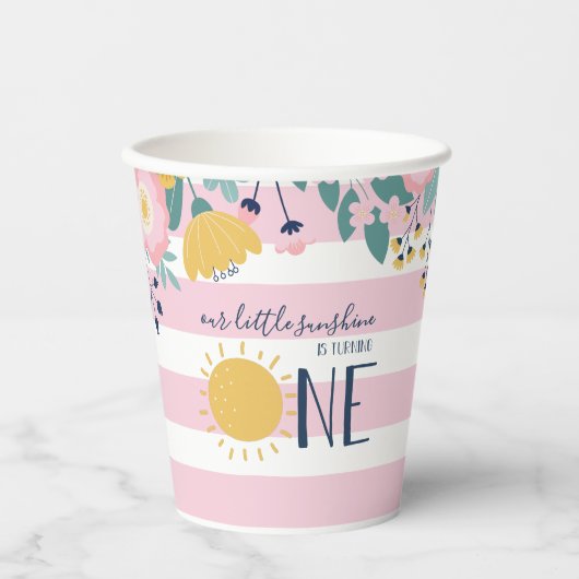 Onze kleine Sunshine Floral, roze streep Verjaarda Papieren Bekers (Voorkant)