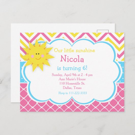 Onze kleine Sunshine Pink and Yellow Birthday Part Briefkaart (Voorkant / Achterkant)