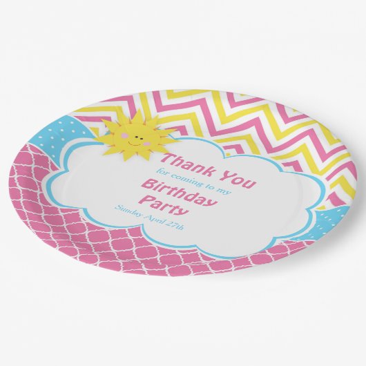 Onze kleine Sunshine Pink and Yellow Birthday Part Papieren Bordje (Gekanteld)