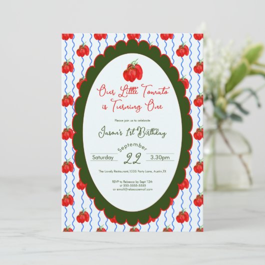 Onze kleine tomaat wordt een 1e verjaardag kaart (Staand voorkant)