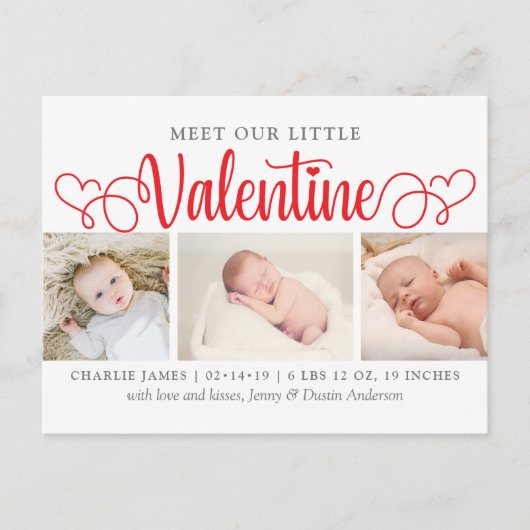 Onze kleine Valentijn 3 Foto geboorteaankondiging Aankondigingskaart (Voorkant)