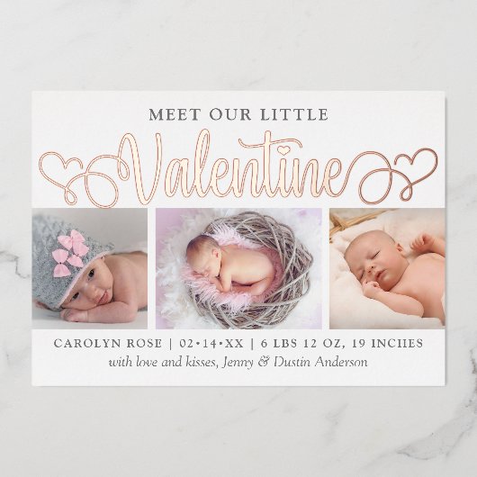 Onze kleine Valentijn 3 Foto geboorteaankondiging Folie Uitnodiging (Voorkant)
