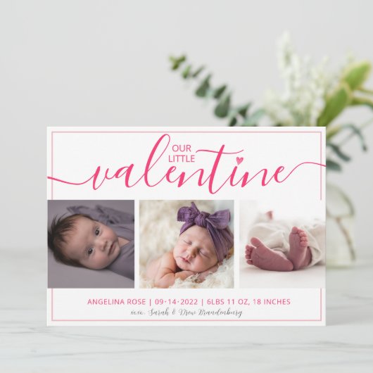 Onze kleine Valentijn Geboorte Aankondiging 3 Foto (Staand voorkant)