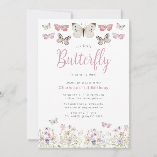 Onze Kleine Vlinder 1e Verjaardag Roze Waterverf Kaart (Voorkant)