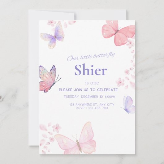 Onze kleine vlinder 1e verjaardag uitnodiging (Voorkant)