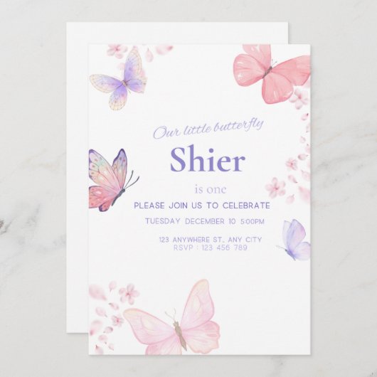 Onze kleine vlinder 1e verjaardag uitnodiging (Voorkant / Achterkant)