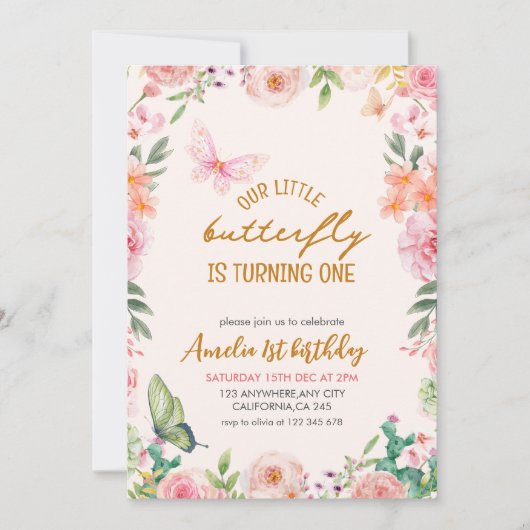 Onze kleine vlinder bloemenroze meisje 1e verjaard kaart (Voorkant)