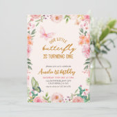 Onze kleine vlinder bloemenroze meisje 1e verjaard kaart (Staand voorkant)