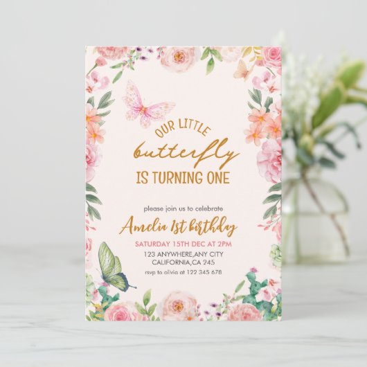 Onze kleine vlinder bloemenroze meisje 1e verjaard kaart (Staand voorkant)