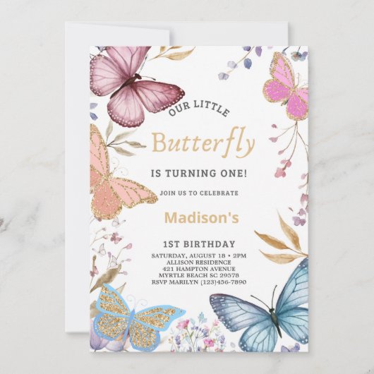 Onze kleine vlinder eerste verjaardagsuitnodiging kaart (Voorkant)