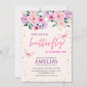 Onze kleine vlinder paarse Bloemen 1e Verjaardag Kaart (Voorkant)