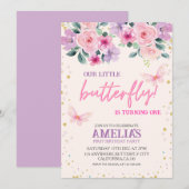 Onze kleine vlinder paarse Bloemen 1e Verjaardag Kaart (Voorkant / Achterkant)