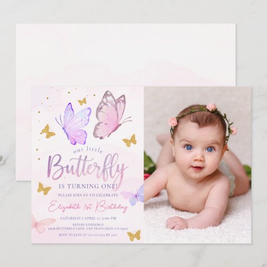 Onze kleine vlinder roze gouden meisje verjaardag kaart (Voorkant / Achterkant)