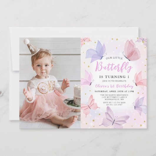 Onze Kleine Vlinder Roze Meisjes Verjaardag Foto Kaart (Voorkant)