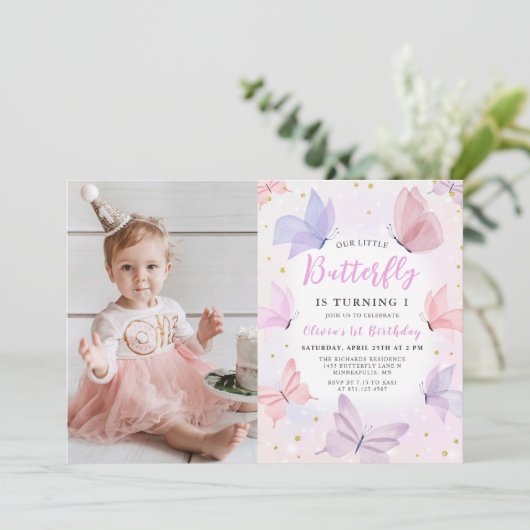 Onze Kleine Vlinder Roze Meisjes Verjaardag Foto Kaart (Staand voorkant)