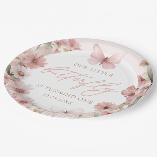 Onze kleine vlinder roze meisjes verjaardag papieren bordje (Gekanteld)