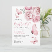 Onze kleine vlinder roze rozen 1e verjaardag kaart (Staand voorkant)