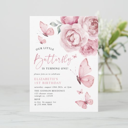 Onze kleine vlinder roze rozen 1e verjaardag kaart (Staand voorkant)