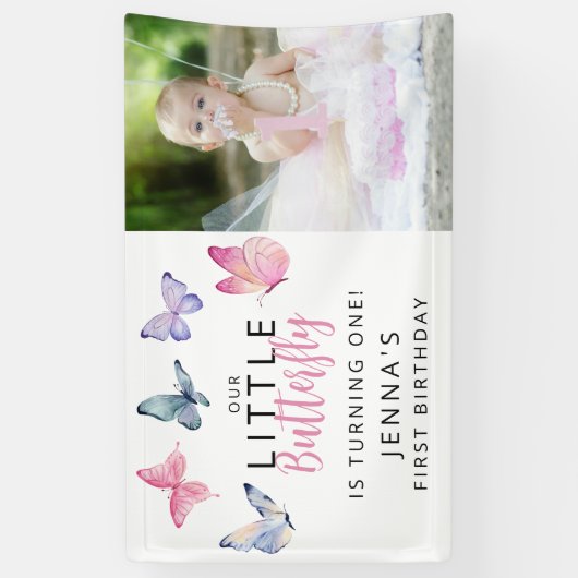 Onze kleine vlinder verjaardagsfeestje spandoek (Verticaal)