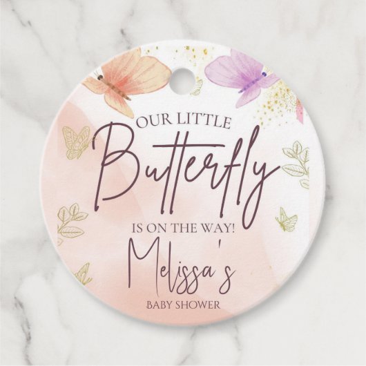 Onze kleine vlinder Waterverf roze Paarse goud Bedankjes Labels (Voorkant)