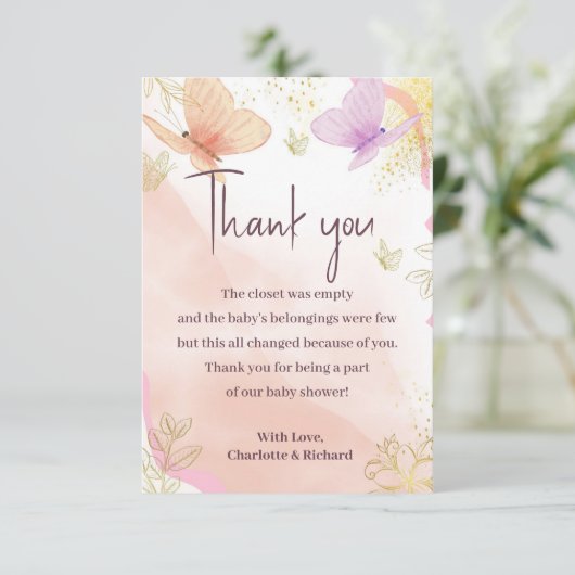 Onze kleine vlinder Waterverf roze Paarse goud Bedankkaart (Staand voorkant)