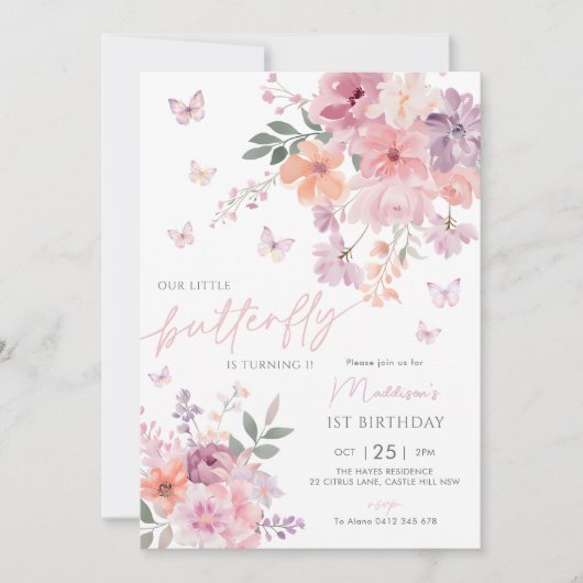 Onze kleine vlinderbloem 1e verjaardag kaart (Voorkant)