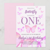 Onze kleine vlindermeisjes pastel roze verjaardag kaart (Voorkant / Achterkant)