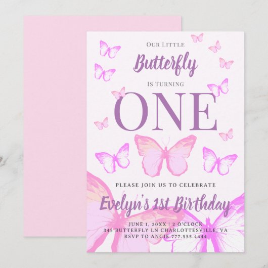 Onze kleine vlindermeisjes pastel roze verjaardag kaart (Voorkant / Achterkant)