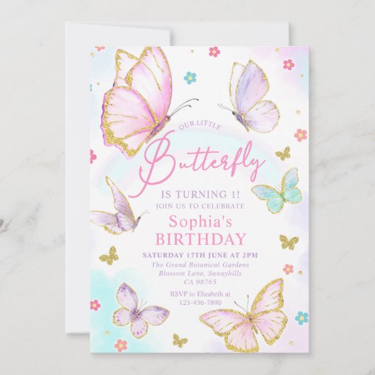 Onze kleine vlindermeisjes roze verjaardagsfeestje kaart (Voorkant)
