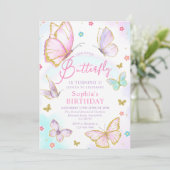 Onze kleine vlindermeisjes roze verjaardagsfeestje kaart (Staand voorkant)