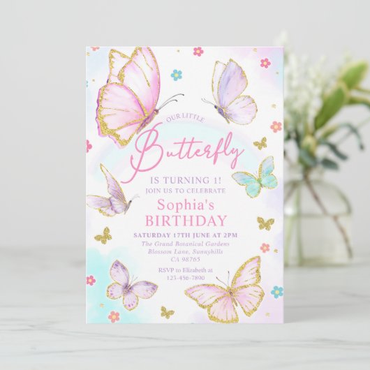 Onze kleine vlindermeisjes roze verjaardagsfeestje kaart (Staand voorkant)