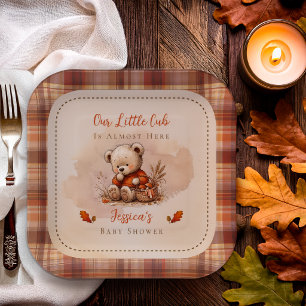 Onze Kleine Welp Fall Teddybeer Baby Shower Papieren Bordje