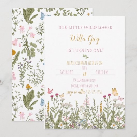 Onze kleine Wildbloem eerste uitnodiging van de Da (Voorkant / Achterkant)