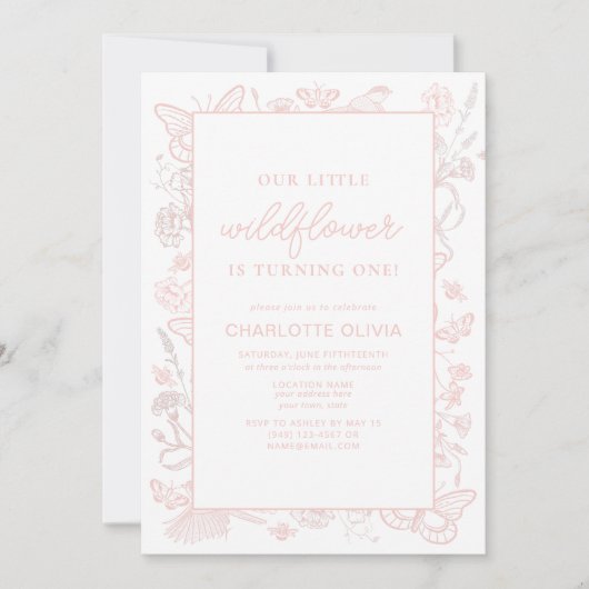 Onze kleine wilde bloem 1e verjaardag roze bloemen kaart (Voorkant)