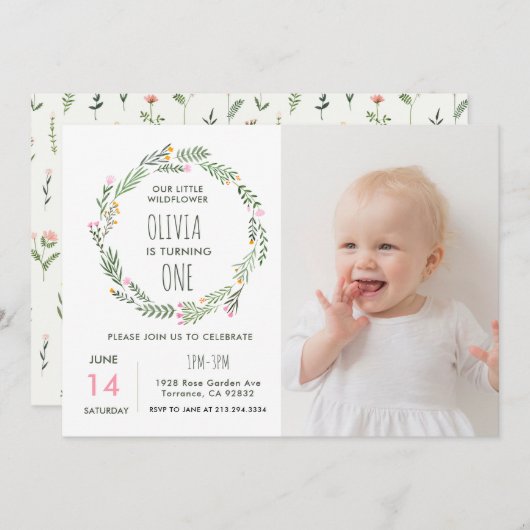 Onze kleine wilde bloem wordt een 1e verjaardag kaart (Voorkant / Achterkant)