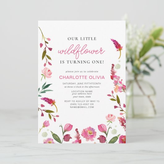 Onze Kleine Wildflower 1e Verjaardag Roze Bloem Kaart (Staand voorkant)