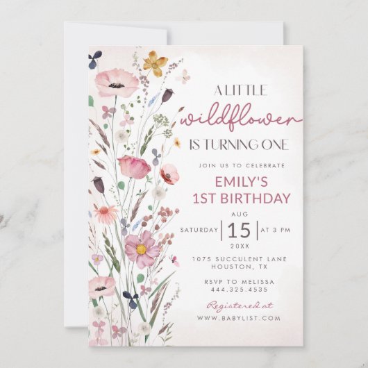 Onze kleine Wildflower Baby Meisje 1e Verjaardagsf Kaart (Voorkant)
